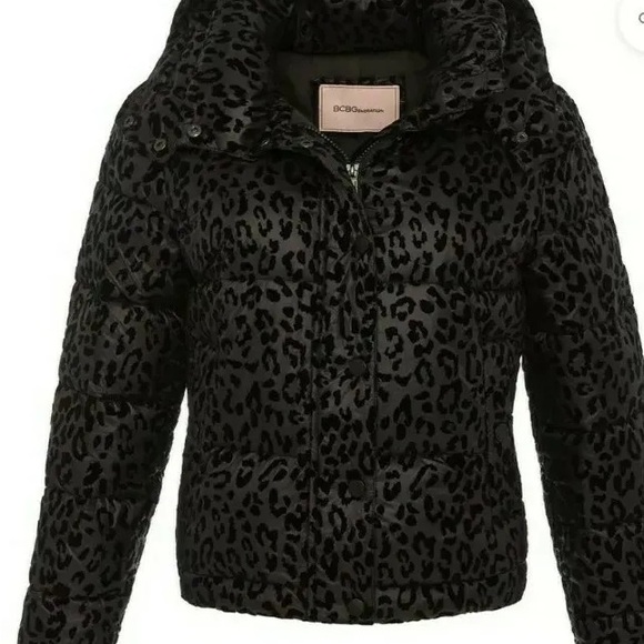 BCBGeneration Hooded Midweight Puffer Jacket in Black/Leopard - Picture 3 of 9